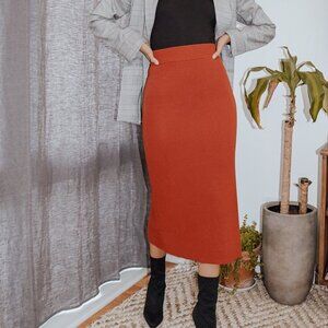 Lulus Seasonal Fave Rust Orange Ribbed Knit Midi Sweater Skirt - Size XS